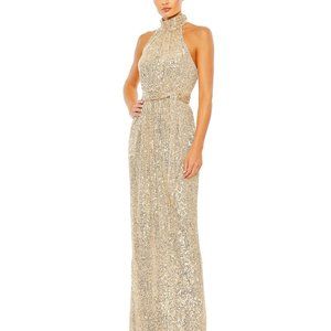 NWT MAC DUGGAL SZ 2 11281 SEQUIN HALTER NECK SOFT TIE‎ DRESS CHAMPAGNE GOLD